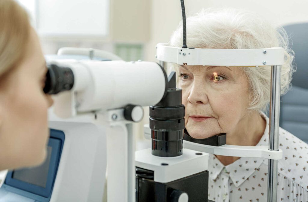 A senior woman getting her eyes checked at our optometry in stoney creek.