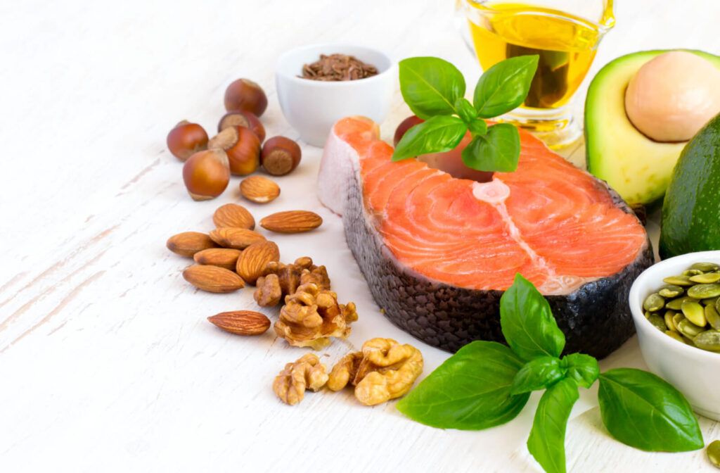 Sample foods that are high in omega-3 fatty acids which are salmon, nuts, avocado, and flax seeds.