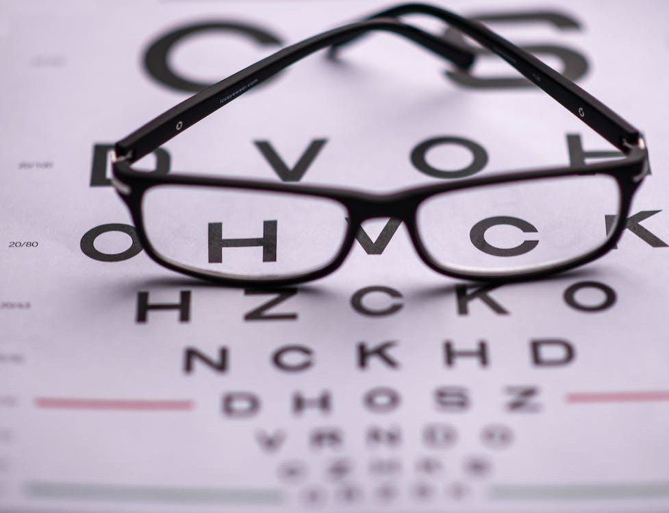 A pair of eyeglasses placed on a chart used by optometrists during an eye exam.